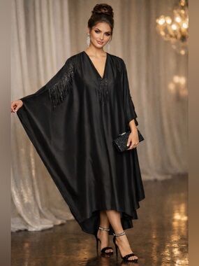 Elegant Black Satin Butterfly Dress Women Evening Party Maxi Gown Loose Luxury.